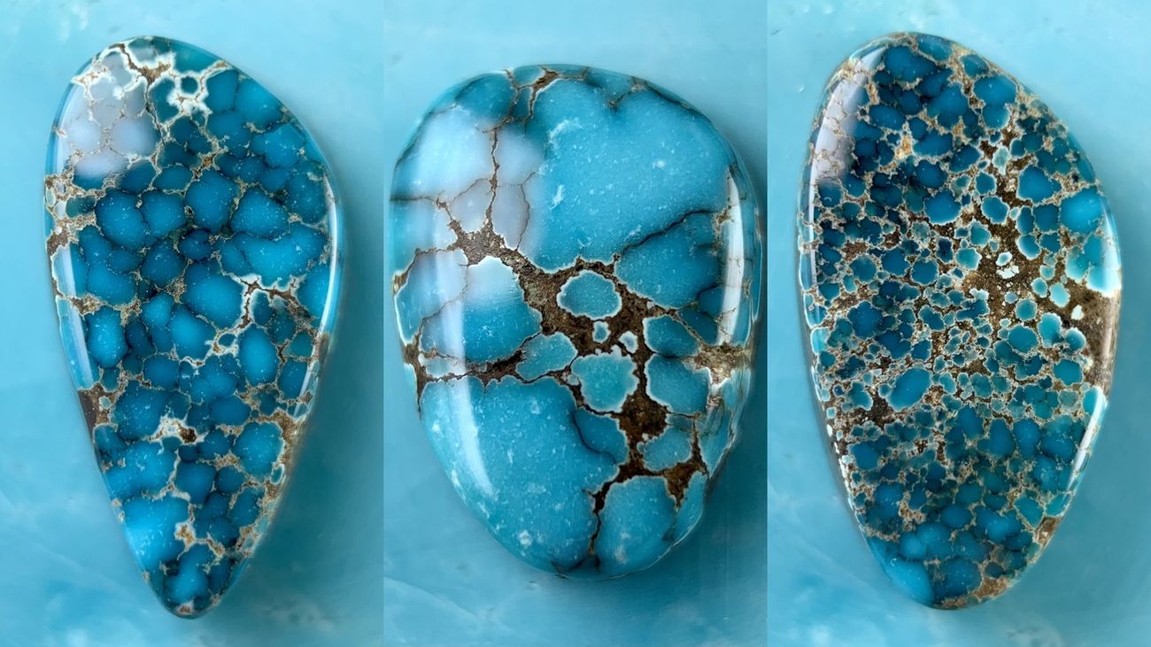 Little Cristo turquoise cabochons with spiderweb matrix, Esmeralda County, Nevada