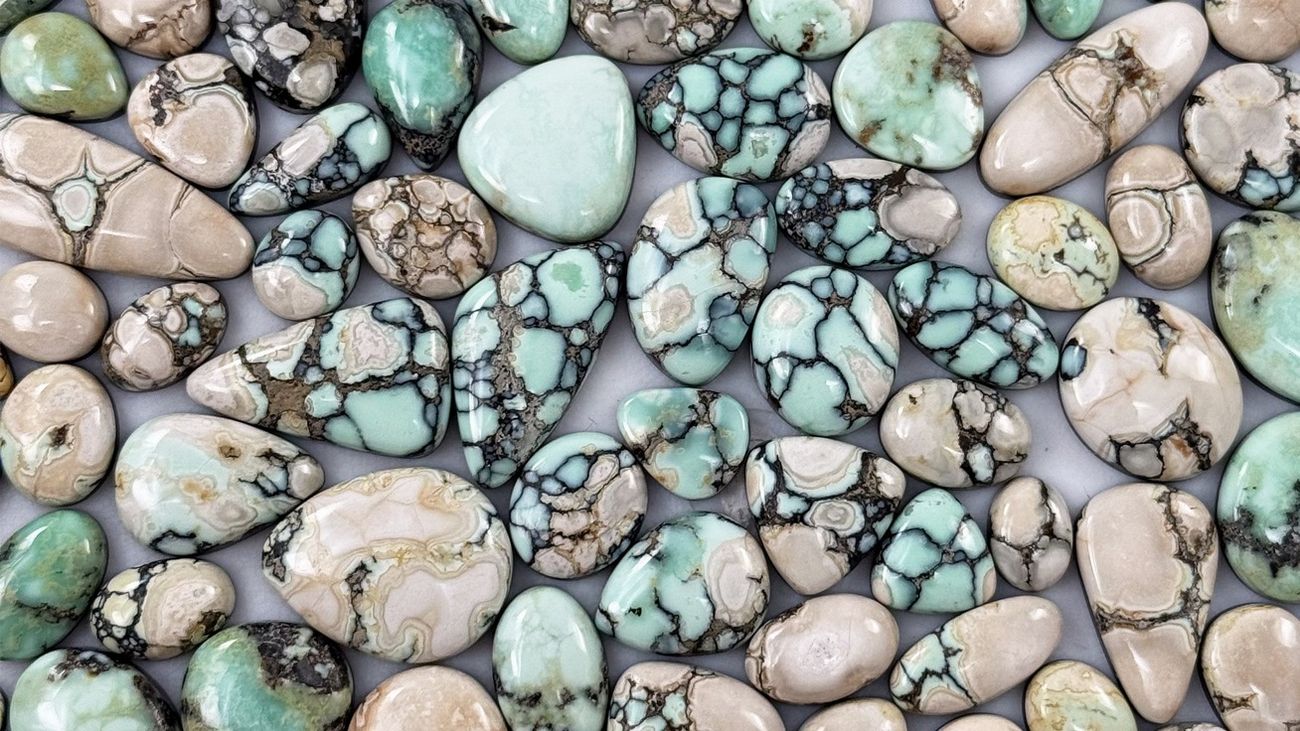 Lost Canyon variscite cabochons with spiderweb matrix, Esmeralda County, Nevada