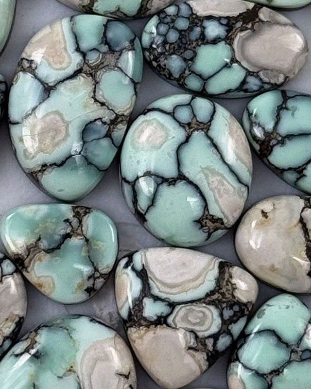 Lost Canyon variscite cabochons with spiderweb matrix, Esmeralda County, Nevada