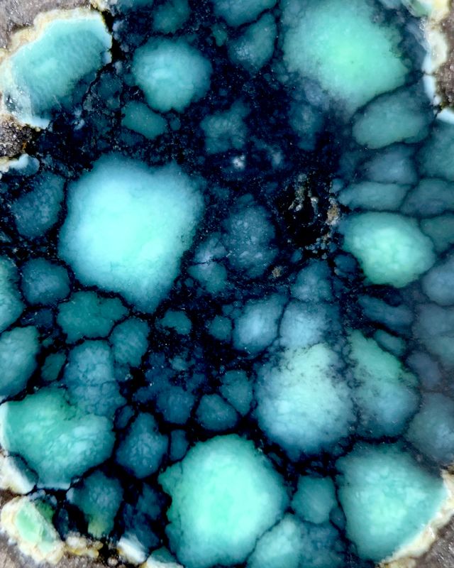 RAF variscite with mint-green nodules in a dark spiderweb matrix, Esmeralda County, Nevada